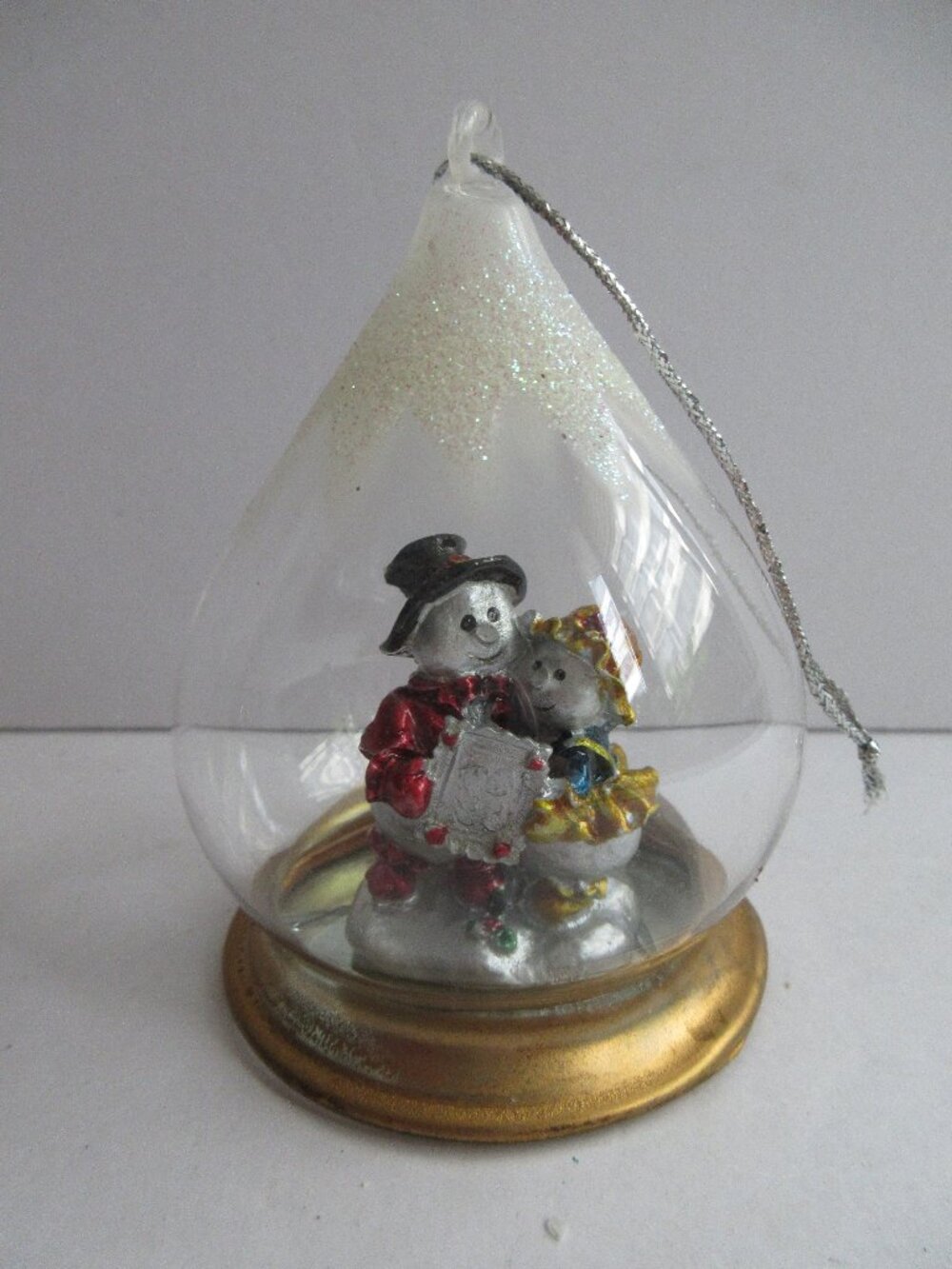 Teardrop Glass Diorama Christmas Ornament  with Snowman Snow Cap Glitter
